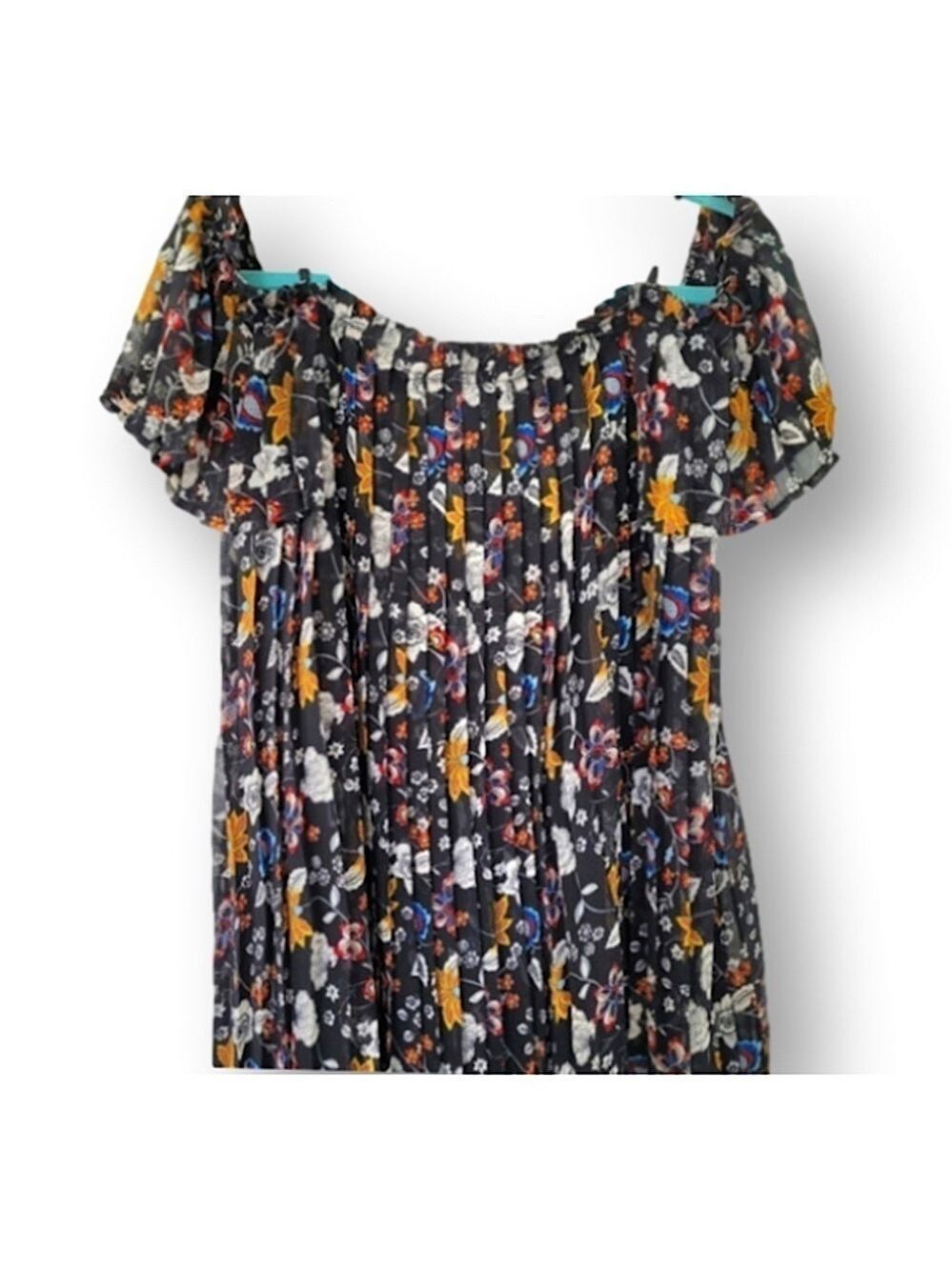 61. Floral pleated off shoulder trapeze mini dress.